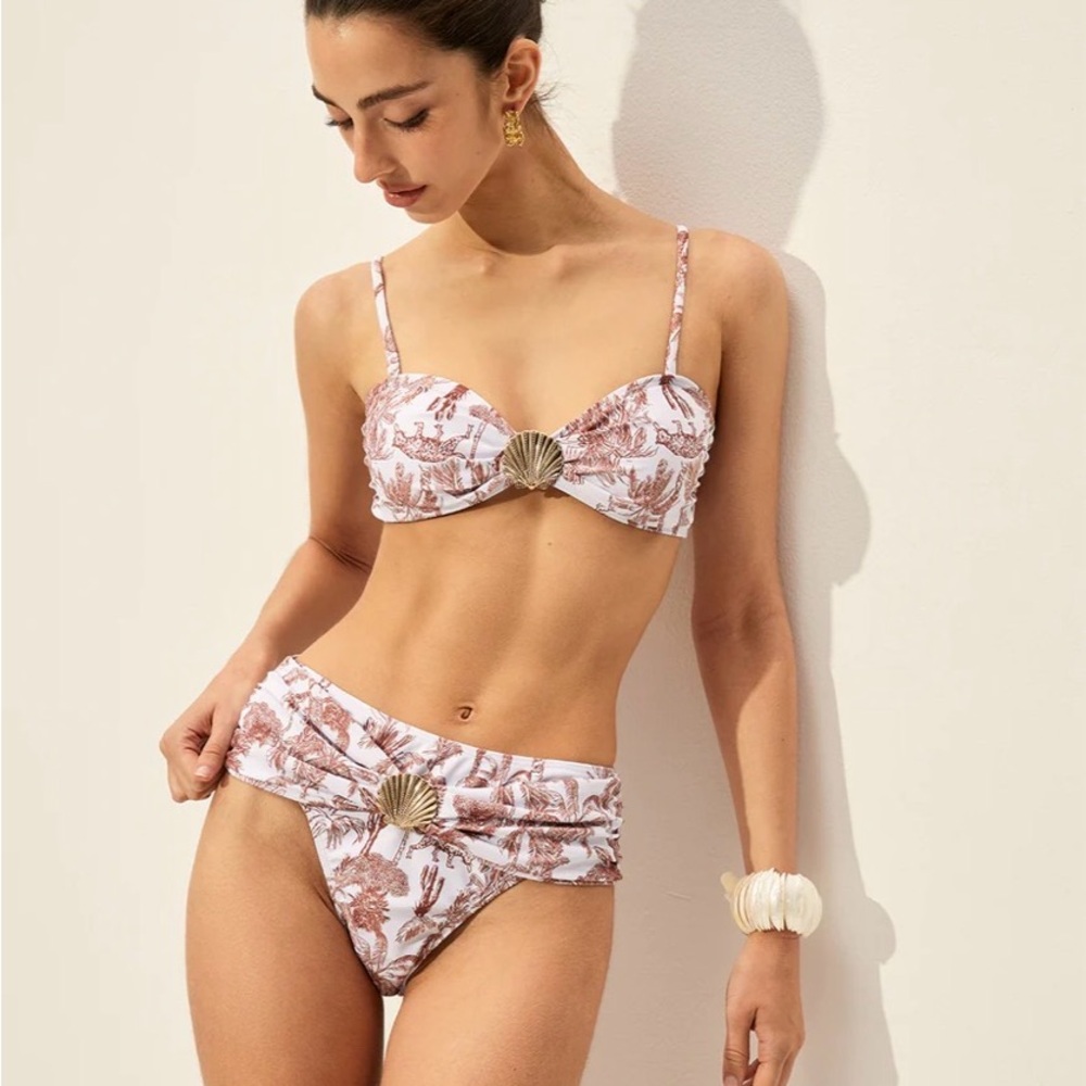Commense White and Brown Bikini Set with Shell Detail